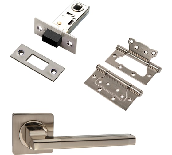Изображение товара Комплект для межкомнатной двери PAULINIDOR ручки 514-02, защелка магнитная 5-50, петли 2 шт., никель матовый 514-025-502SSN