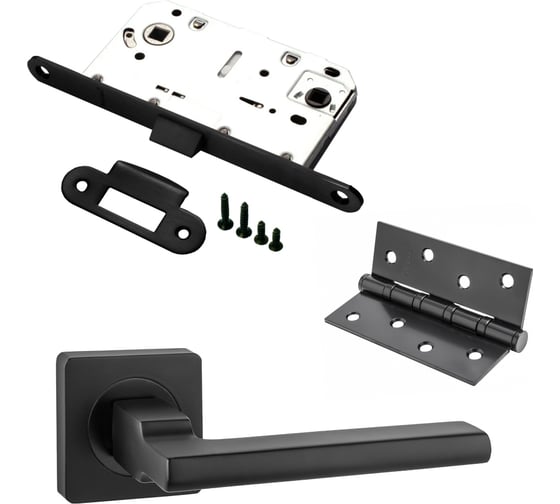 Изображение товара Комплект для межкомнатной двери PAULINIDOR ручки 514-02, сантехническая защелка 96 PL, врезные петли 2 шт., черный 514-0396PL4SBL