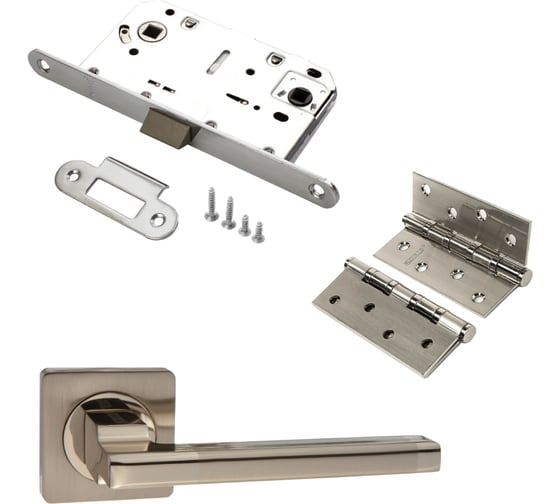 Изображение товара Комплект для межкомнатной двери PAULINIDOR ручки 514-02, сантехническая защелка 96 PL, врезные петли 2 шт., никель матовый 514-0296PL4SSN