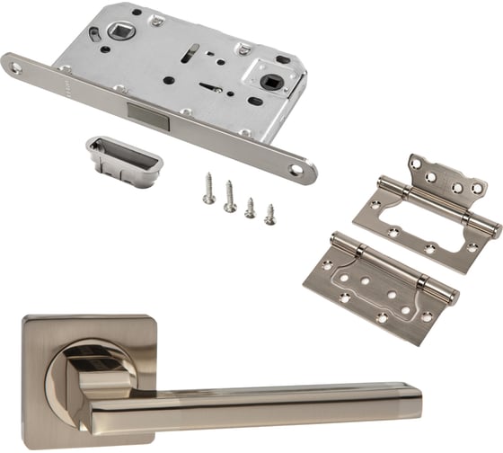 Изображение товара Комплект для межкомнатной двери PAULINIDOR ручки 514-02, сантехническая магнитная защелка 5096, петли 2 шт., никель матовый 514-0250962SSN
