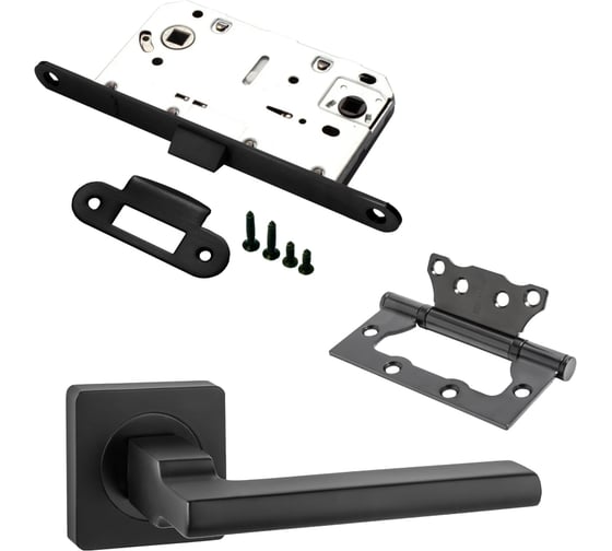 Изображение товара Комплект для межкомнатной двери PAULINIDOR ручки 514-02, сантехническая защелка 96 PL, петли 2 шт., черный 514-0396PL2SBL