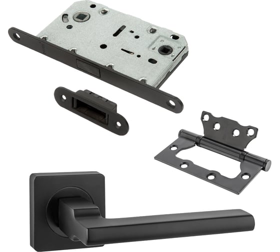 Изображение товара Комплект для межкомнатной двери PAULINIDOR ручки 514-02, сантехническая магнитная защелка 5096, петли 2 шт., черный 514-0350962SBL