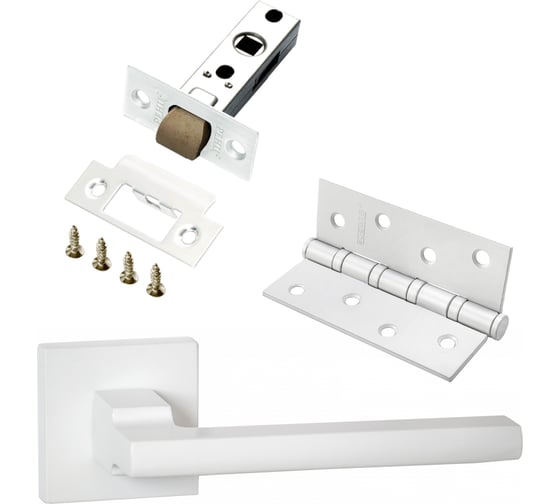 Изображение товара Комплект для межкомнатной двери PAULINIDOR ручки 514-03, защелка 5-45 plastic, врезные петли 2 шт., белый 514-035-454SMSW