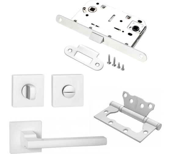 Изображение товара Комплект для межкомнатной двери PAULINIDOR ручки 514-03, сантехническая защелка 96 PL, завертка AL 03, петли 2 шт., белый 514-0396PLAL032SMSW