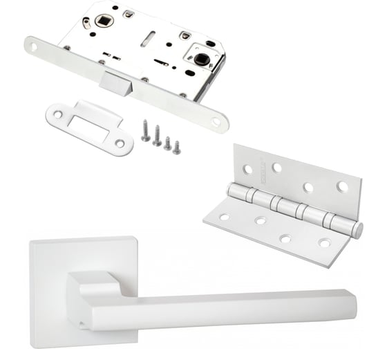 Изображение товара Комплект для межкомнатной двери PAULINIDOR ручки 514-03, сантехническая защелка 96 PL, врезные петли 2 шт., белый 514-0396PL4SMSW