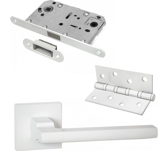 Изображение товара Комплект для межкомнатной двери PAULINIDOR ручки 514-03, сантехническая магнитная защелка 5096, врезные петли 2 шт., белый 514-0350964SMSW