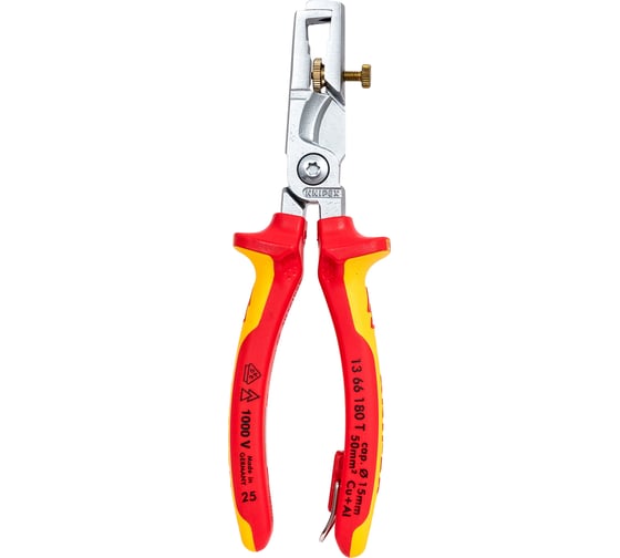 Изображение товара Клещи для удаления изоляции KNIPEX с функцией резания кабеля, со страховочным креплением, 180 mm KN-1366180T