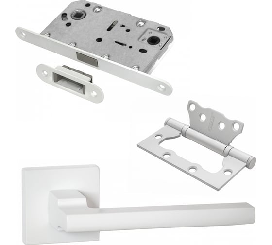 Изображение товара Комплект для межкомнатной двери PAULINIDOR ручки 514-03, сантехническая магнитная защелка 5096, петли 2 шт., белый 514-0350962SMSW