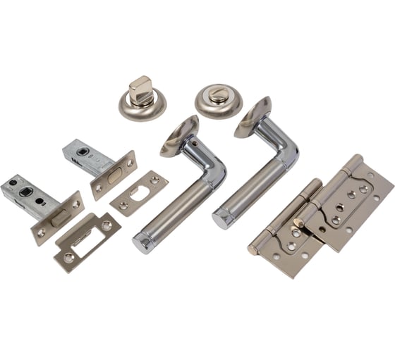 Изображение товара Комплект для межкомнатной двери PAULINIDOR ручки 503-08, защелка 5-45, завертка AL 08, задвижка BK 45, петли 2 шт., никель матовый 503-085-45AL08BK452SSN