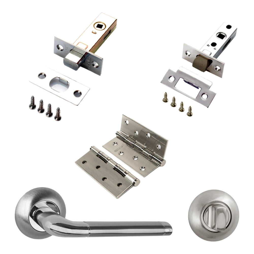 Изображение товара Комплект для межкомнатной двери PAULINIDOR ручки 503-08 с защелкой и петлями никель матовый