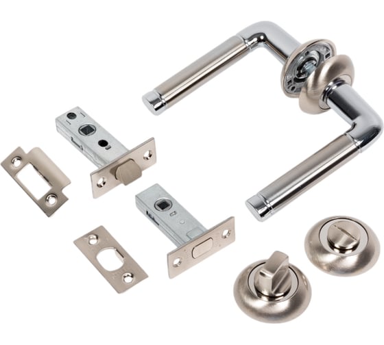 Изображение товара Комплект для межкомнатной двери PAULINIDOR ручки 503-08, защелка 5-45 plastic, завертка AL 08, задвижка BK 45, никель матовый 503-085-45AL08BK45SN