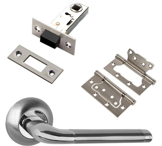 Изображение товара Комплект для межкомнатной двери PAULINIDOR ручки 503-08, защелка магнитная 5-50, петли 2 шт., никель матовый 503-085-502SSN