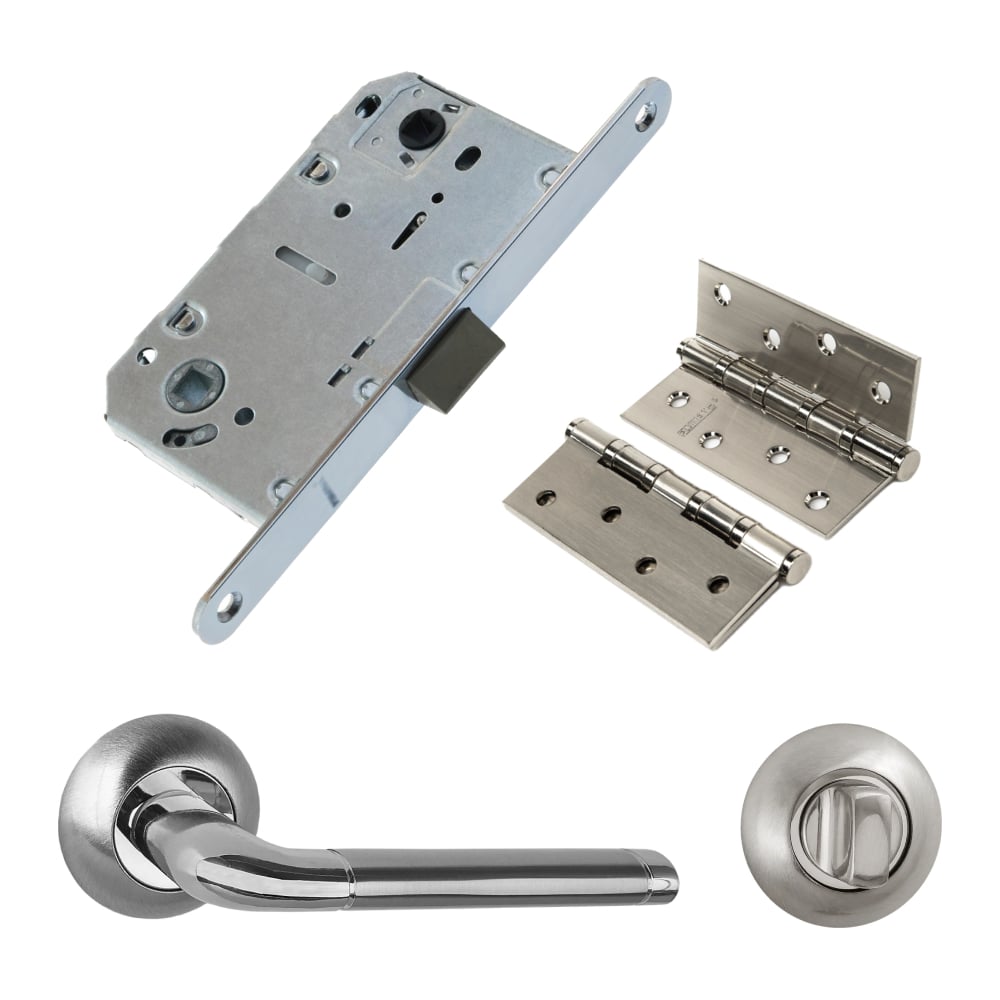 Изображение товара Комплект для межкомнатной двери PAULINIDOR ручки 503-08 с защелкой и петлями никель матовый