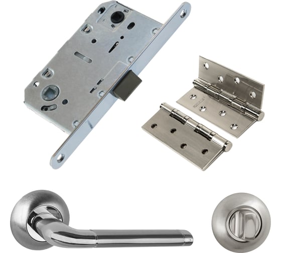 Изображение товара Комплект для межкомнатной двери PAULINIDOR ручки 503-08, сантех. защелка 96 PL, завертка AL 08, врез петли 2 шт., никель матовый 503-0896PLAL084SSN