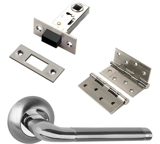 Изображение товара Комплект для межкомнатной двери PAULINIDOR ручки 503-08, защелка магнитная 5-50, врезные петли 2 шт., никель матовый 503-085-504SSN