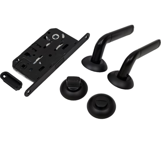 Изображение товара Комплект для межкомнатной двери PAULINIDOR ручки 503-08, сантехническая магнитная защелка 5096, завертка AL 08, черный 503-085096AL08BL