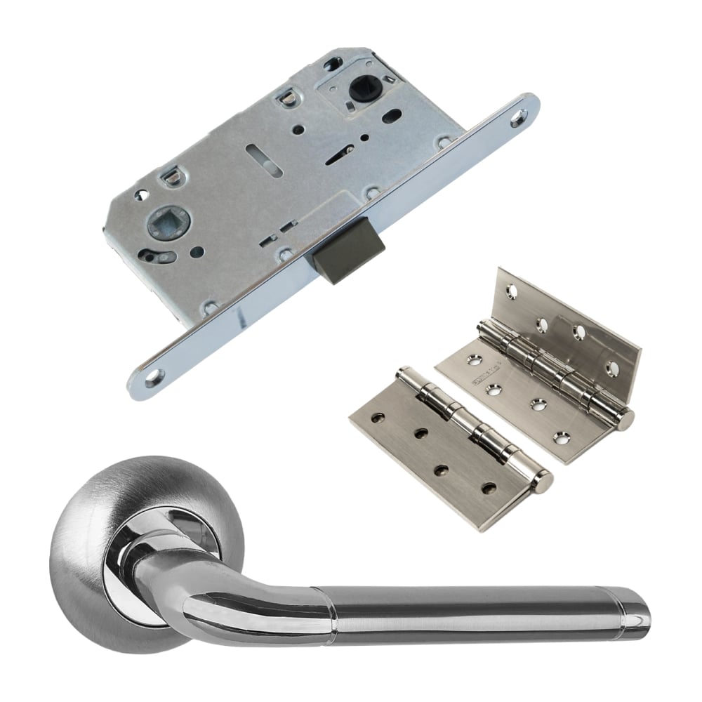 Изображение товара Комплект межкомнатных дверных ручек, защелка и петли PAULINIDOR никель матовый