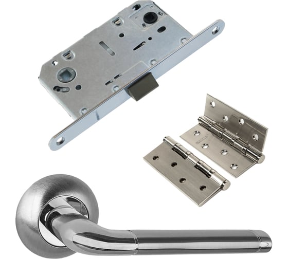 Изображение товара Комплект для межкомнатной двери PAULINIDOR ручки 503-08, сантехническая защелка 96 PL, врезные петли 2 шт., никель матовый 503-0896PL4SSN