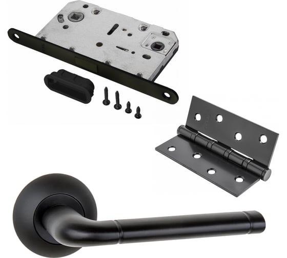 Изображение товара Комплект для межкомнатной двери PAULINIDOR ручки 503-08, сантехническая магнитная защелка 5096, врезные петли 2 шт., черный 503-0850964SBL