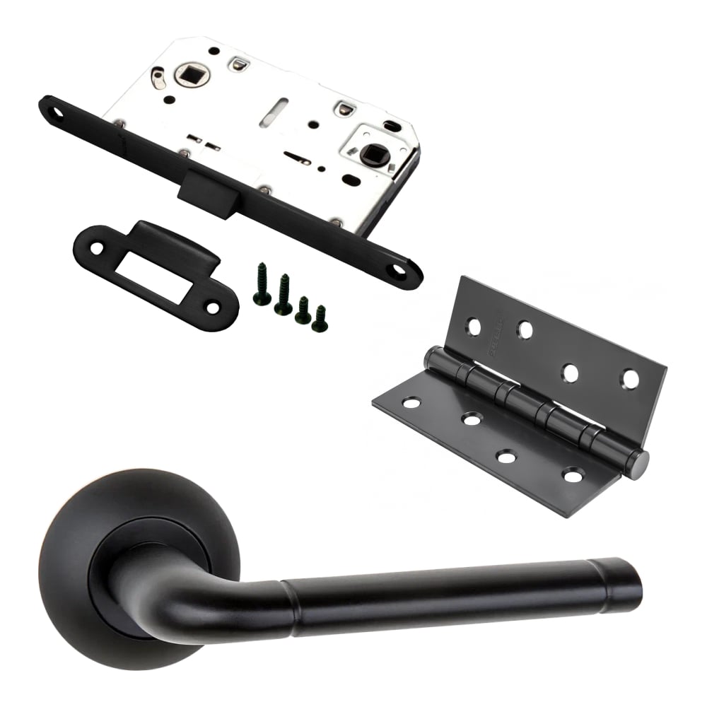 Изображение товара Комплект для межкомнатной двери PAULINIDOR ручки 503-08, защелка 96 PL, петли 2 шт, черный
