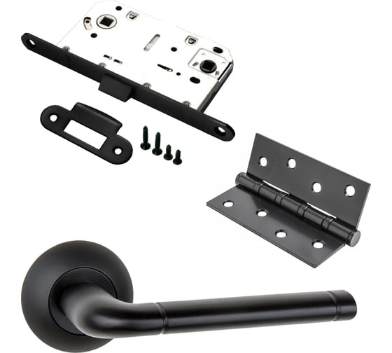 Изображение товара Комплект для межкомнатной двери PAULINIDOR ручки 503-08, сантехническая защелка 96 PL, врезные петли 2 шт., черный 503-0896PL4SBL