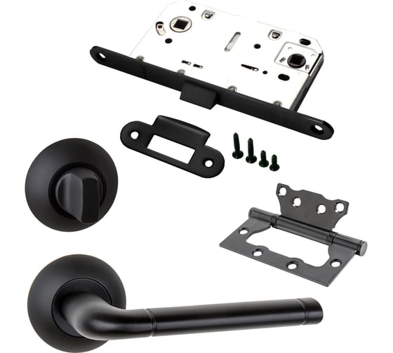 Изображение товара Комплект для межкомнатной двери PAULINIDOR ручки 503-08, сантехническая защелка 96 PL, завертка AL 08, петли 2 шт., черный 503-0896PLAL082SBL