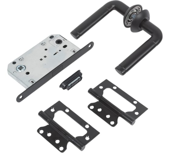 Изображение товара Комплект для межкомнатной двери PAULINIDOR ручки 503-08, сантехническая магнитная защелка 5096, петли 2 шт., черный 503-0850962SBL