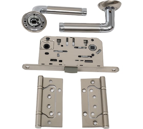 Изображение товара Комплект для межкомнатной двери PAULINIDOR ручки 503-08, сантехническая защелка 96 PL, петли 2 шт., никель матовый 503-0896PL2SSN
