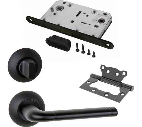 Изображение товара Комплект для межкомнатной двери PAULINIDOR ручки 503-08, сантех. магнитная защелка 5096, завертка AL 08, петли 2 шт., черный 503-085096AL082SBL