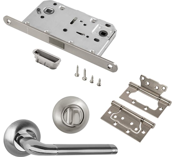 Изображение товара Комплект для межкомнатной двери PAULINIDOR ручки 503-08, сантех. магнитная защелка 5096, завертка AL 08, петли 2 шт., никель матовый 503-085096AL082SSN