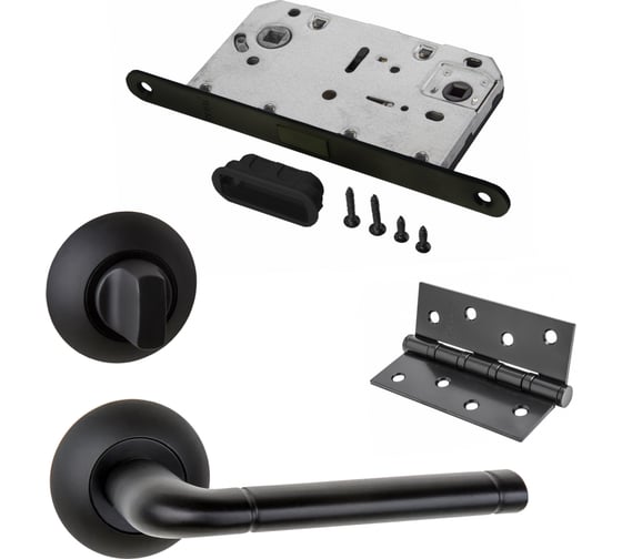 Изображение товара Комплект для межкомнатной двери PAULINIDOR ручки 503-08, сантех. магнитная защелка 5096, завертка AL 08, врез петли 2 шт., черный 503-085096AL084SBL