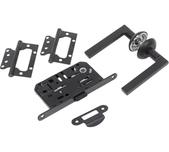 Изображение товара Комплект для межкомнатной двери PAULINIDOR ручки 503-08, сантехническая защелка 96 PL, петли 2 шт., черный 503-0896PL2SBL