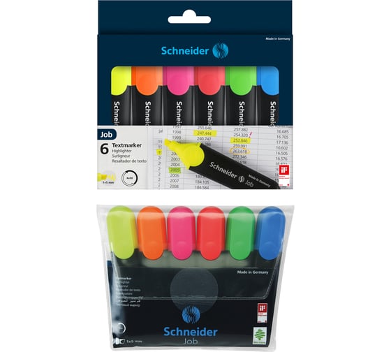 Изображение товара Набор текстовыделителей Schneider Job 6 цветов, 1-5 мм, прозрачный чехол 115096