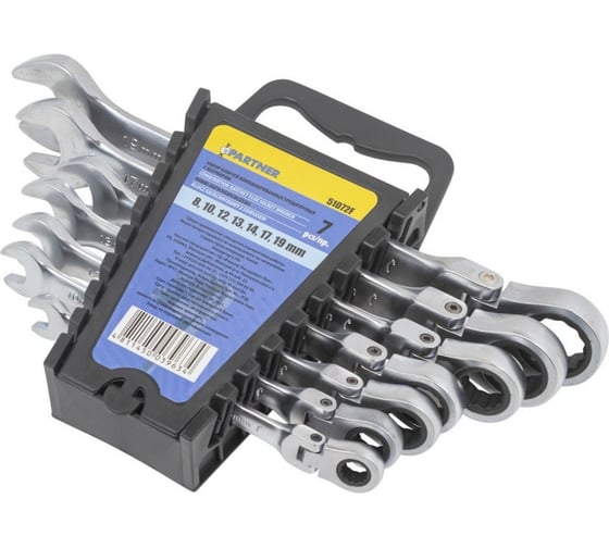 Изображение товара Набор комбинированных трещоточных ключей с шарниром Partner 8, 10, 12, 13, 14, 17, 19 мм, набор 7 предметов PA-51072F(52454)