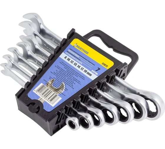 Изображение товара Набор комбинированных трещоточных ключей Partner 8, 10, 12, 13, 14, 17, 19 мм, в пластиковом держателе, 7 предметов PA-51072(51368)