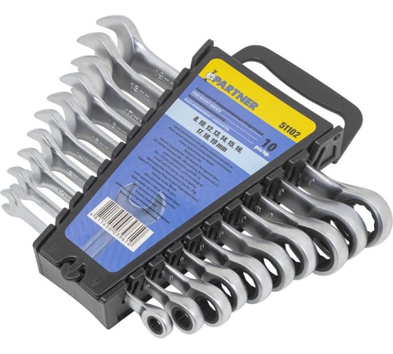 Изображение товара Набор комбинированных трещоточных ключей Partner 8, 10, 12-19 мм, набор 10 предметов PA-51102(52450)