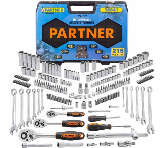 Изображение товара Набор инструментов Partner 1/4", 3/8", 1/2" 6-гранные, 216 предметов PA-38841(50650)