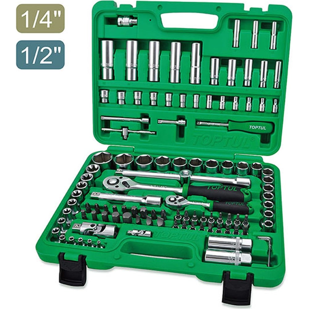 Изображение товара Набор слесарного инструмента в чемодане TOPTUL 1/4", 1/2" 12 гранные, 108 шт. GCAI108R1