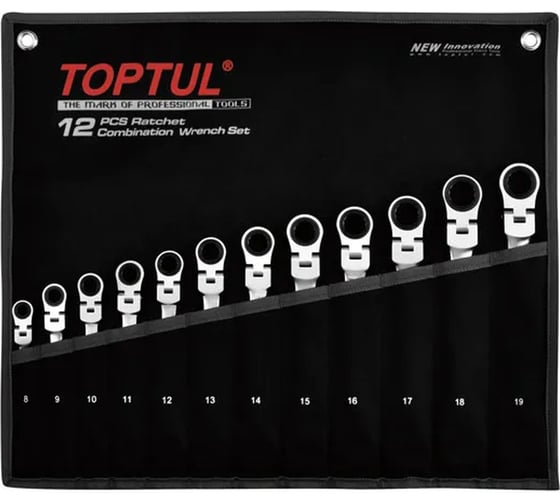 Изображение товара Набор комбинированных ключей с поворотной трещоткой TOPTUL 8-19 мм, 12 предметов GPAQ1204