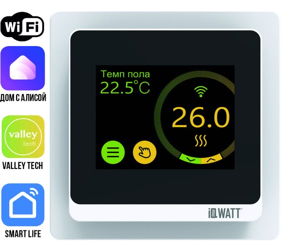 Изображение товара Программируемый терморегулятор с цветным сенсорным tft дисплеем smart heat wi-fi и голосовым управлением алиса (белый) IQWATT 400110