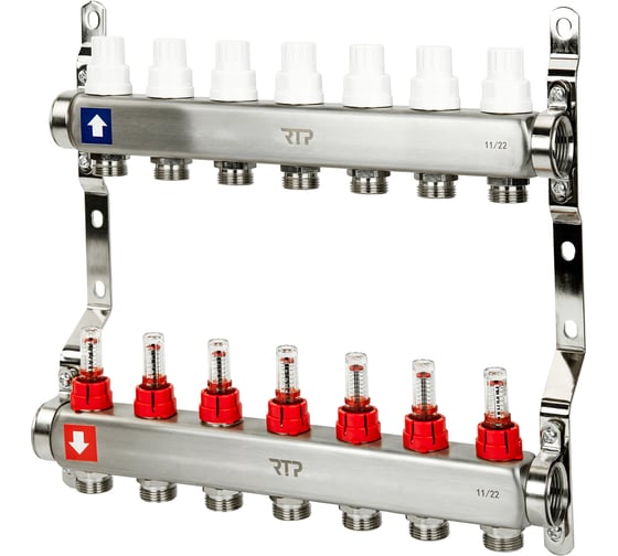 Изображение товара Коллекторная группа с расходометром и кронштейном RTP (евроконус 3/4") нержавеющая сталь sus 304 1"х 7 выходов, 39424