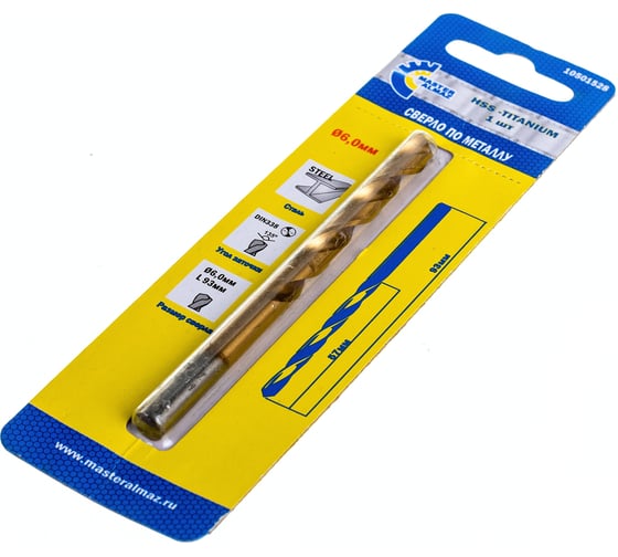Изображение товара Сверло по металлу титановое HSS-TIN DIN-338 (6х57х93 мм) МастерАлмаз 10501528