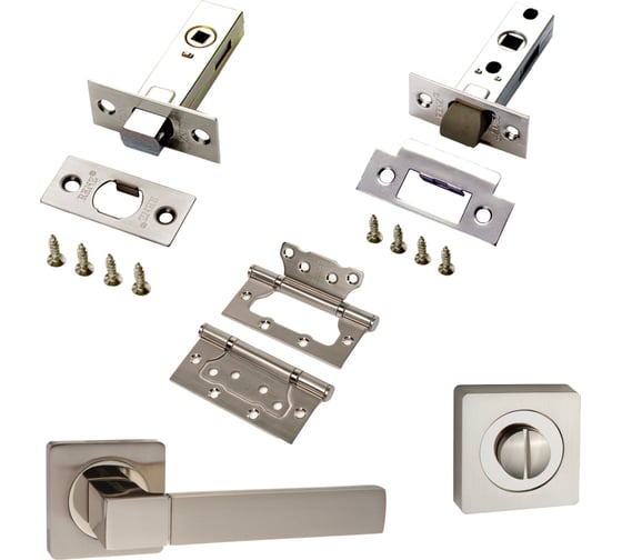 Изображение товара Комплект для межкомнатной двери PAULINIDOR ручки 521-02 + защелка 5-45 + завертка AL 02 + задвижка BK 45 + петли, 2 шт., никель матовый 521-025-45AL02BK452SSN