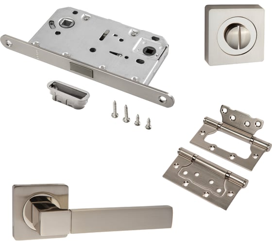 Изображение товара Комплект для межкомнатной двери PAULINIDOR ручки 521-02 + защелка 5096 + завертка AL 02 + петли 2 шт., никель матовый 521-025096AL022SSN
