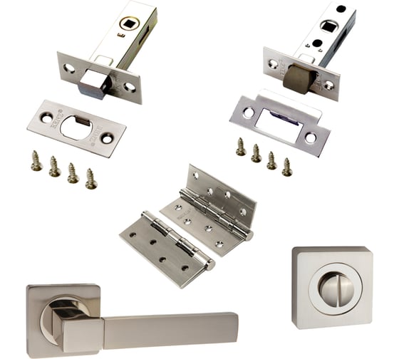 Изображение товара Комплект для межкомнатной двери PAULINIDOR ручки 521-02 + защелка 5-45 + завертка AL 02 + задвижка BK 45 + врезные петли 2 шт., никель матовый 521-025-45AL02BK454SSN