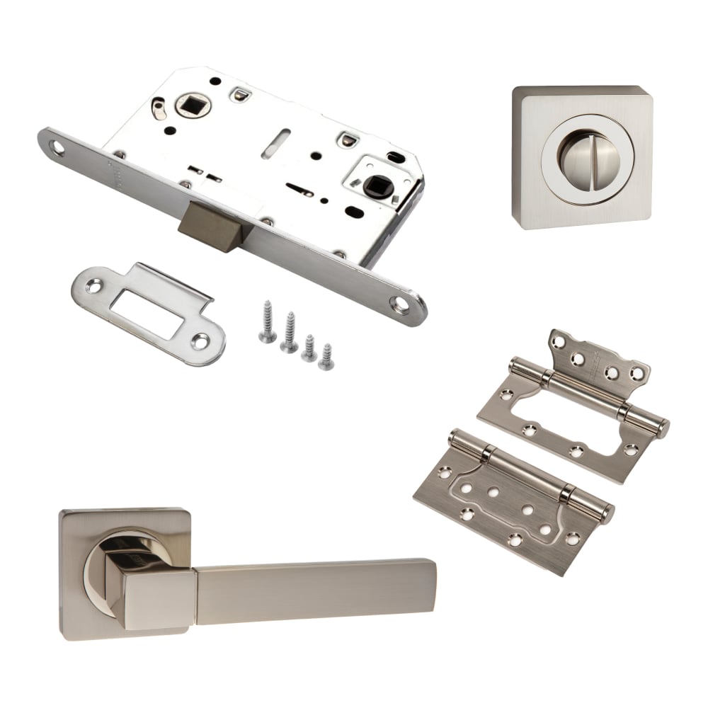 Изображение товара Комплект межкомнатных дверных ручек защелки и петель никель матовый PAULINIDOR 521-02