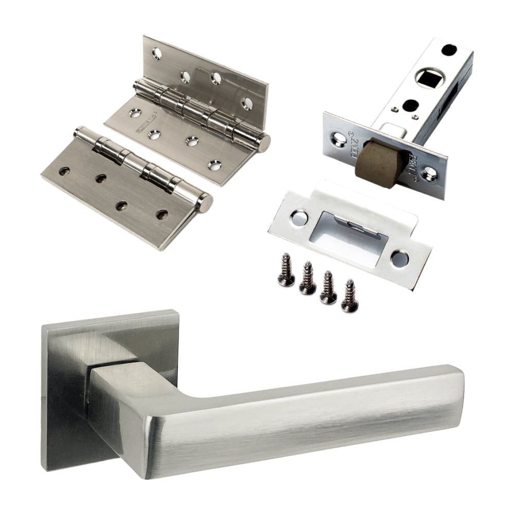 Изображение товара Комплект дверных ручек защелка и петли для межкомнатных дверей PAULINIDOR 541-03 slim никель