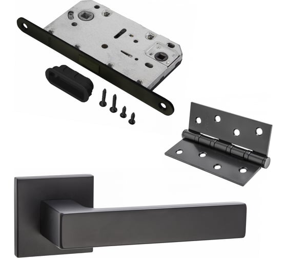 Изображение товара Комплект для межкомнатной двери PAULINIDOR ручки 541-03 slim, сантехническая магнитная защелка 5096, врезные петли 2 шт., черный 541-03slim50964SBL