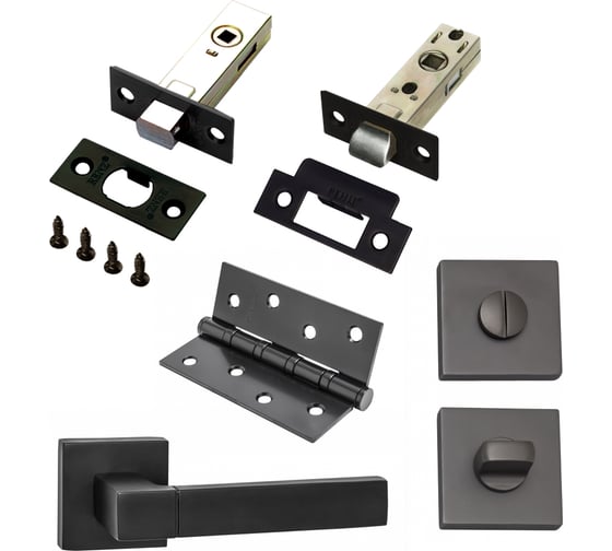Изображение товара Комплект для межкомнатной двери PAULINIDOR ручки 521-03 + защелка 5-45+ завертка AL 03 + задвижка BK 45 + врезные петли, 2 шт., черный 521-035-45AL03BK454SBL