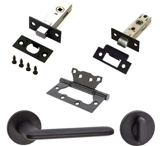 Изображение товара Комплект для межкомнатной двери PAULINIDOR ручки 546-06 slim + защелка 5-45PL + завертка AL 06 slim + задвижка BK45 + петли, 2 шт., черный 546-06slim5-45AL06BK452SBL